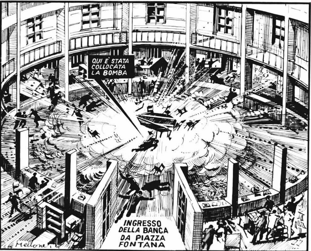 Dario Mellone, disegno dell'esplosione alla Banca dell'Agricoltura, in piazza Fontana a Milano, pubblicato sul Corriere della sera nel dicembre de 1969