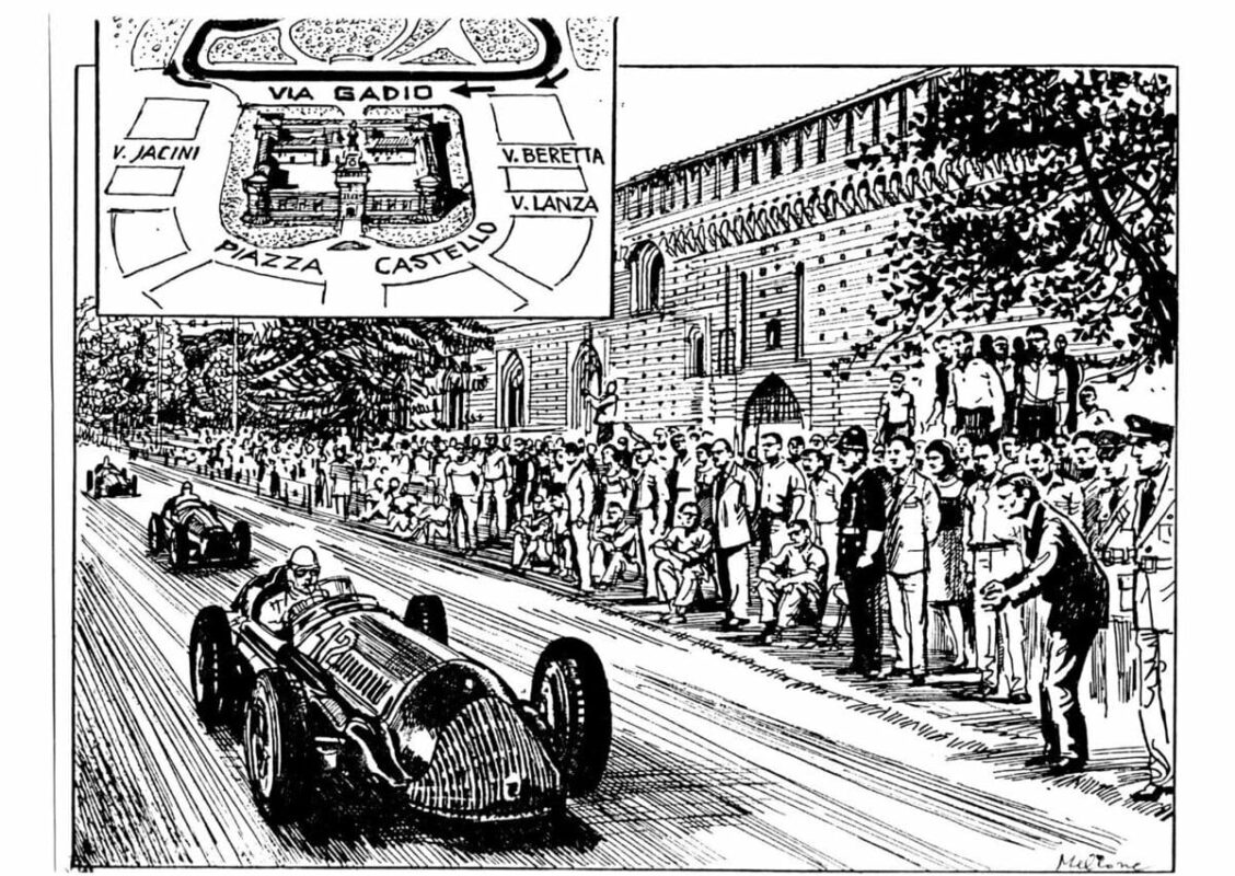 Dario Mellone, rievocazione storica della corse del 1936 di Tazio Nuvolari al Castello Sforzesco di Milano, pubblicato sul Corriere della sera del 4 ottobre 1986