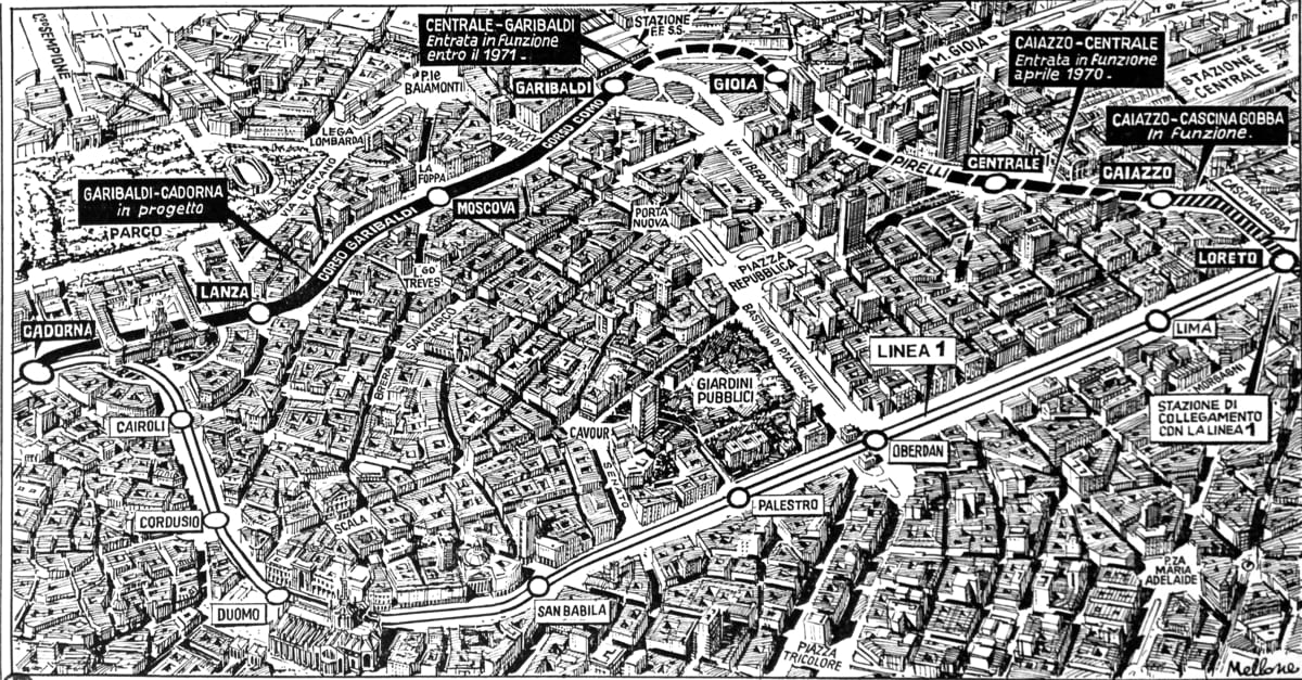 Dario Mellone, il disegno del tracciato del tunnel della M1, Corriere della sera 4 ottobre 1969