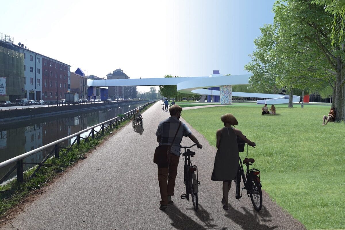 Il rendering del progetto della passerella ciclopedonale sul Naviglio Grande vista da terra.