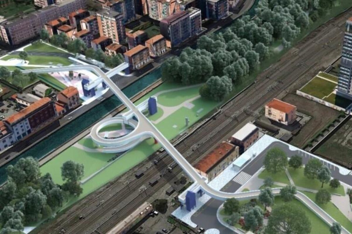 Il rendering del progetto della passerella ciclopedonale sul Naviglio Grande vista dall'alto, progettata dallo studio Aoumm.