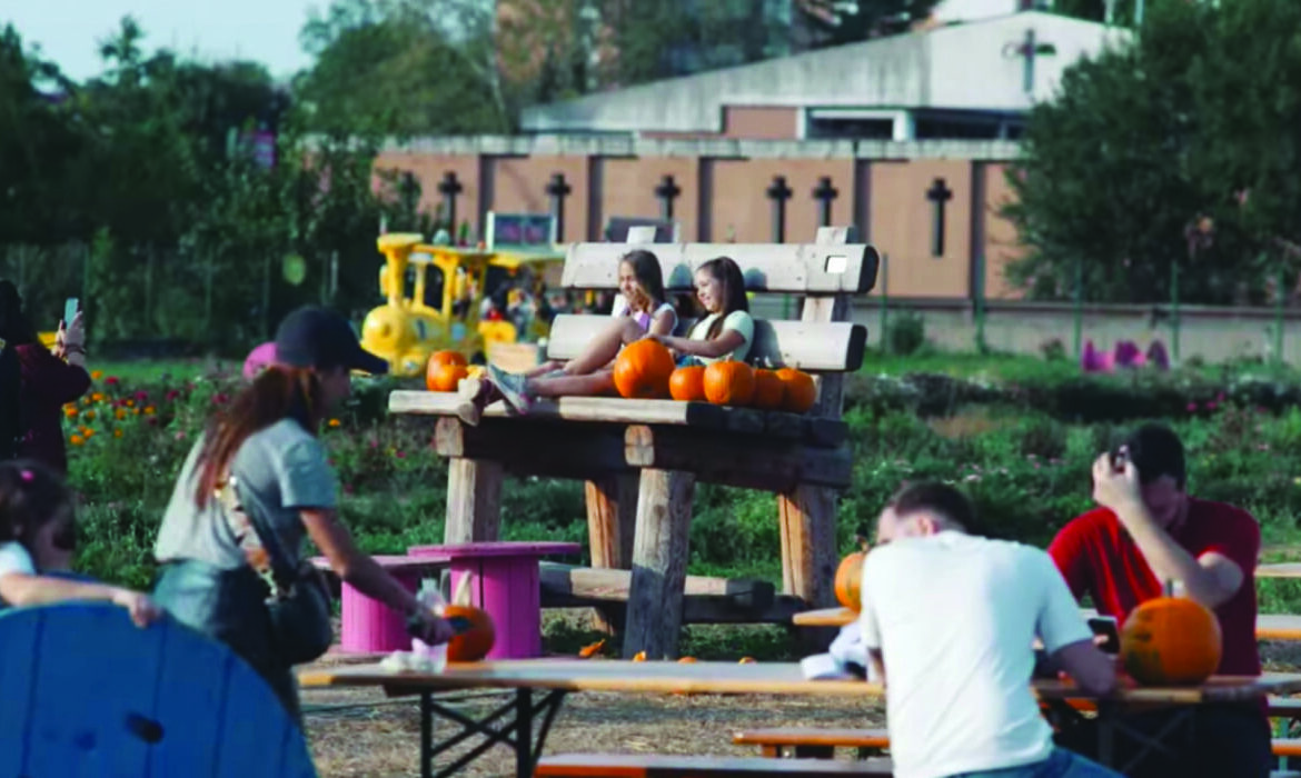 Giochi in un campo di zucche.