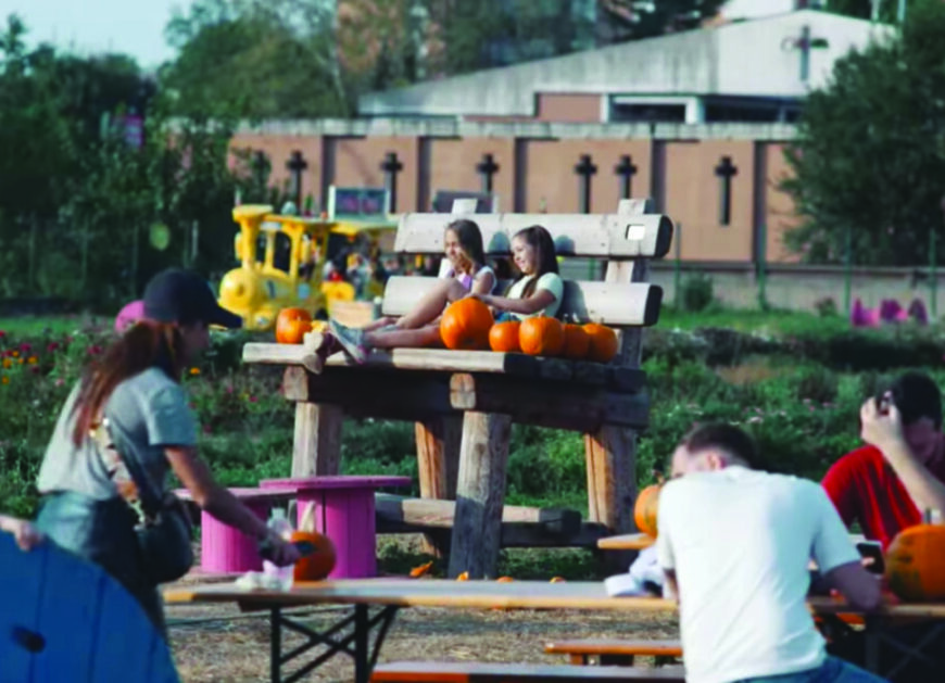 Giochi in un campo di zucche.